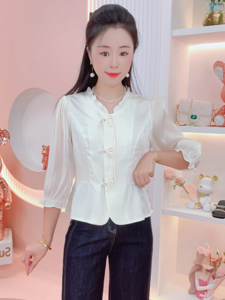 เสื้อสตรีแฟชั่นสุดฮิตสำหรับต้นฤดูใบไม้ร่วง ดีไซน์ทันสมัย ทรงเข้ารูป สวมใส่สบาย ทรงหลวม แขนเจ็ดส่วน คอวี ระบายอากาศได้ดี...