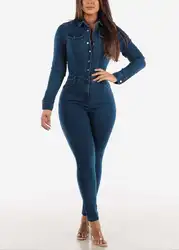 Women Jumpsuit Autumn Winter Fashion Long Sleeve Tight Stretch Denim Jumpsuits Street Wear Casual Pocket Cargo Jeans Jumpsuits