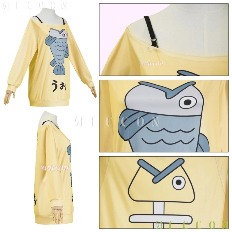 Аниме Cos Momo Ayase Косплей Костюм Парик Аниме Dandadan Рыба Логотип Забавный Желтый Негабаритный Толстовка с заниженными плечами Хэллоуин Часть