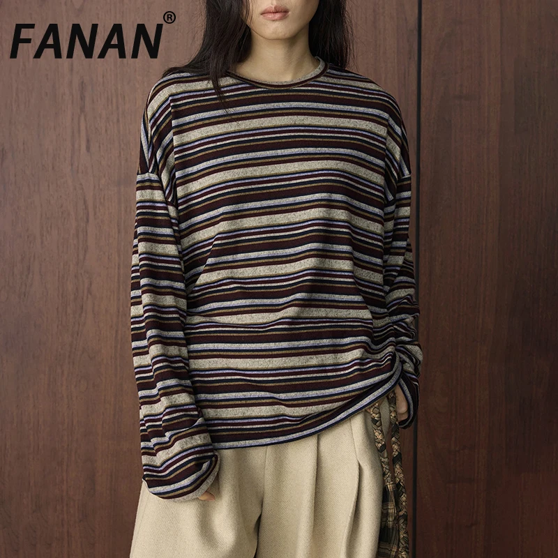 

FANAN винтажная полосатая футболка контрастного цвета с длинным рукавом для женщин, повседневные свободные топы с круглым вырезом, офисные женские модные зимние новые топы