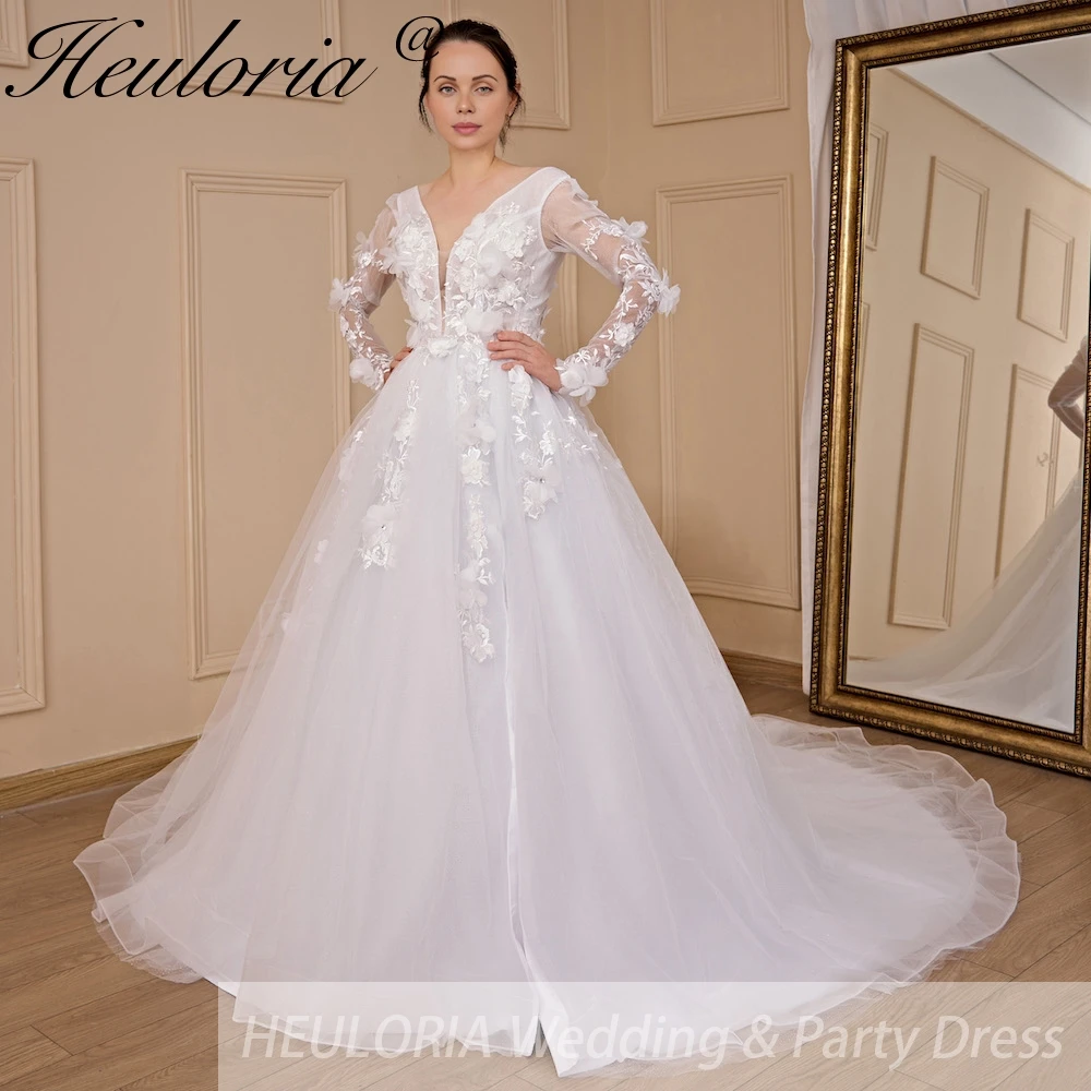 

HEULORIA elegant A line wedding dress V neck long sleeve split lace beading bride dress Robe De Mariee Wedding Bride Dress