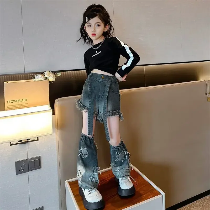 Hip Hop Girls Crop Top Street Dance Jeans Pants Child Sweatshirt Two Sections Shorts Streetwear Clothes Sets Kids Jazz Costumes