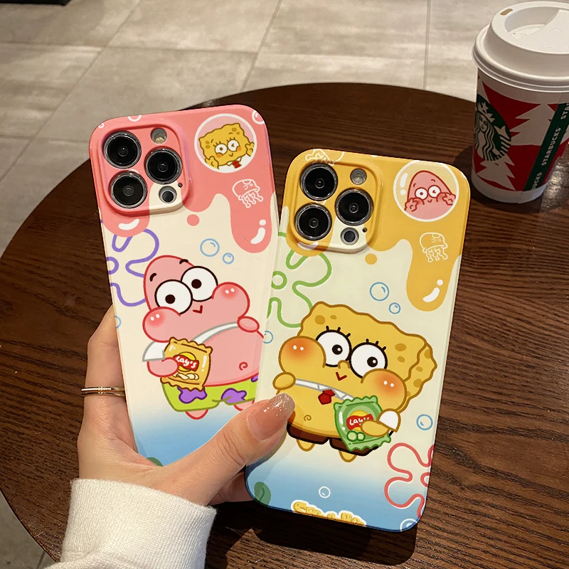 Cartoon Cute SpongeBobs Patricks Stars Phone Case for IPhone 16 15 14 13 12 11 Pro Max XS XR XSMax 7 8 Plus Glossy HD Hard Cover