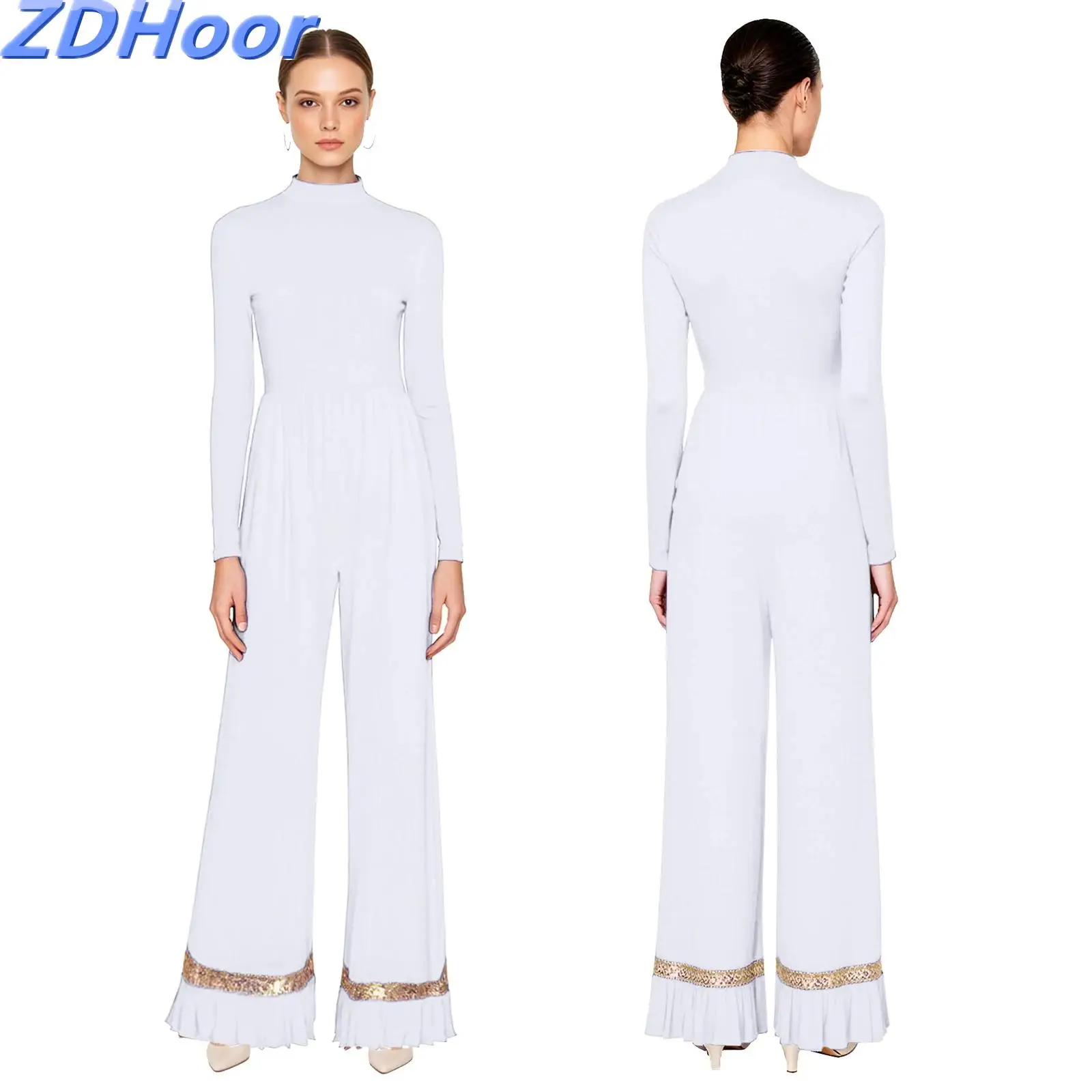 

Womens Worship One-piece Jumpsuit Praise Church Rompers Long Sleeve Back Zip-up Shiny Sequin Ruffled Mesh Trim Wide Leg Pants
