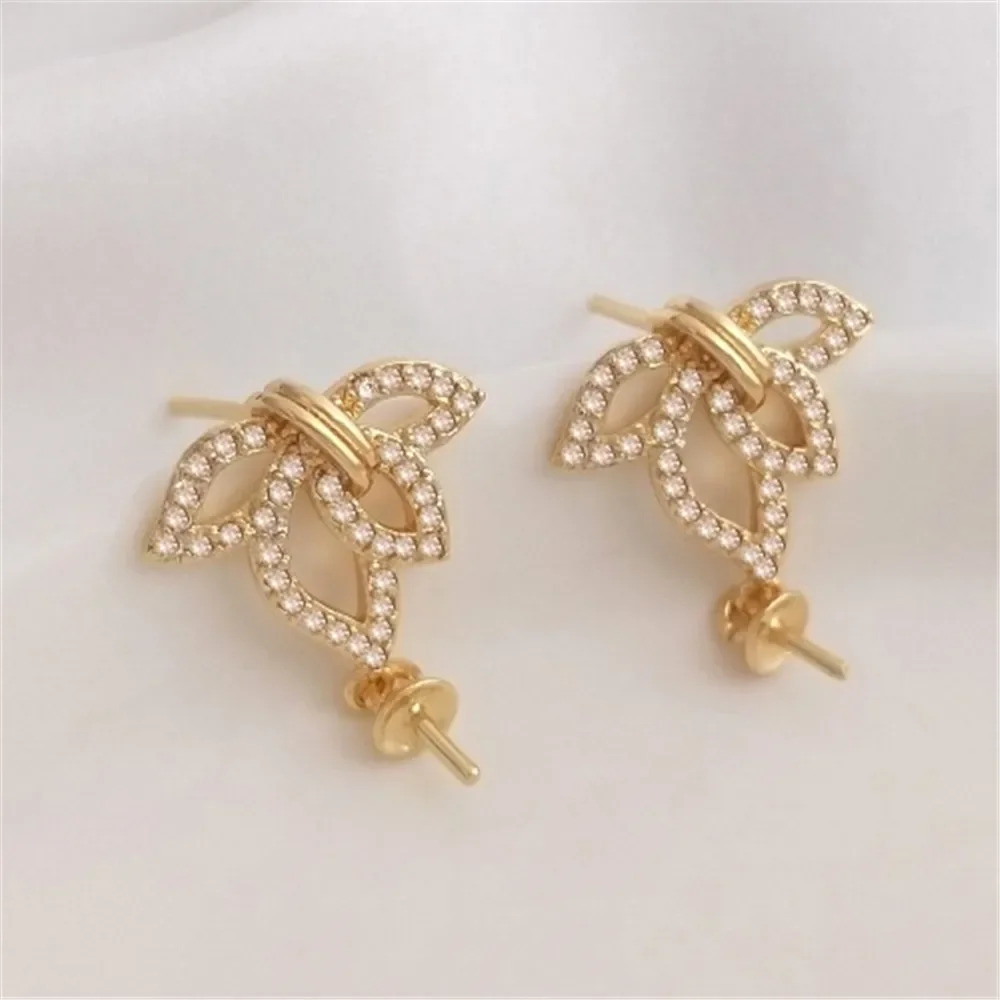 

14K Gold Inlaid Zirconium Fashionable Leaf Flower Shaped Hanging Bead Earrings 925 Silver Needle DIY Pearl Earring Accessories