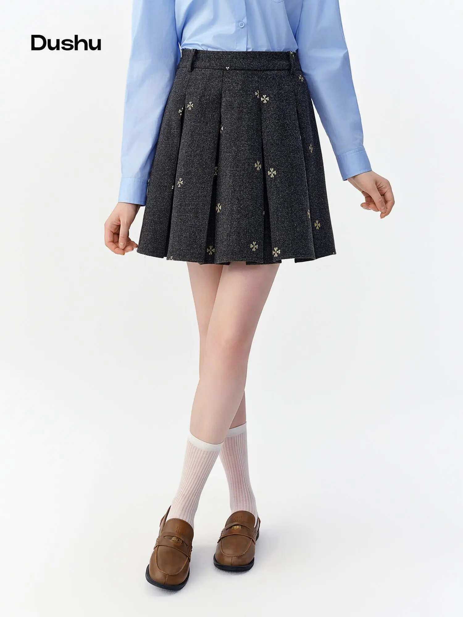 DUSHU Women's Gray Wool Blend Mini Skirt Preppy Style Short Pleated Skirt 2026 Winter New Arrival Chic High Waist Casual Bottoms
