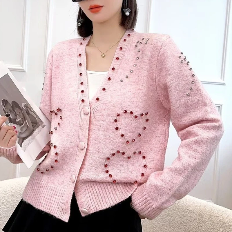 Sweaters for Women Autumn Winter Fashion V Neck Single Breasted Knitted Cardigans Female Diamonds Chic Long Sleeve Loose Jackets