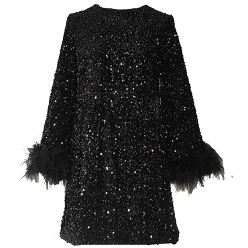 

Velvet sequined feather spliced slim dress party robe elegante femme noire