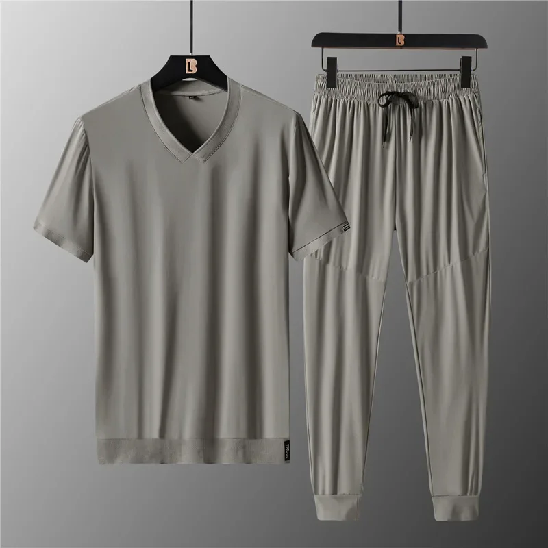 Men Sports Suits 2024 New Summer High Quality Ice Silk V-neck Short-sleeved T-shirt Sets Men\'s Quick-drying Thin Men Clothes