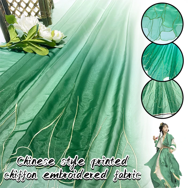 0.5x1.5M Chinese Classical Hanfu Fabric Print Green Lotus Leaf Chiffon Embroidery Fabric For DIY Hanfu Dress Shirt Dance Costume