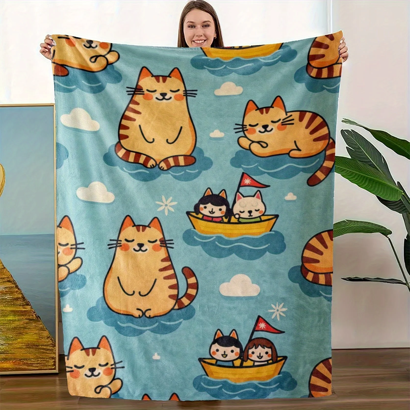 Extra Large Soft Cat Blanket - Lightweight All-Season Throw with Cute Orange Tabby Cats, Teal Background & Boat Scenes