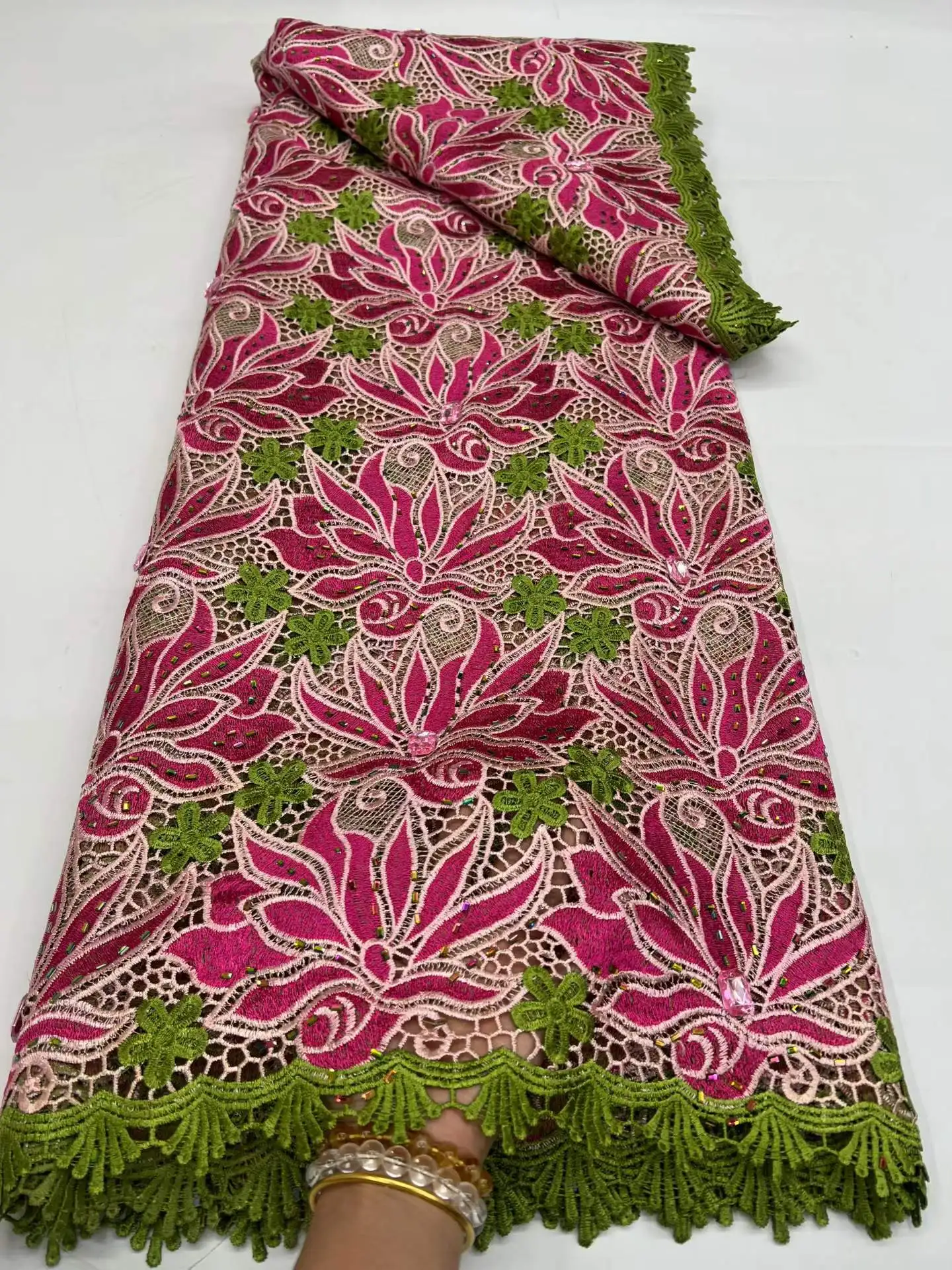

Green African Cord Lace Fabric 2026 High Quality Nigerian Milk Silk Stones Guipure Lace Fabric Water Soluble For Party
