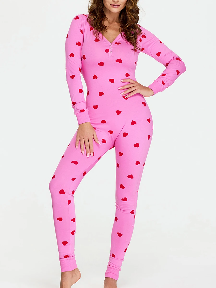 

Women Bodycon Jumpsuits Heart Print V-Neck Long Sleeve Rompers Fall Winter Casual Playsuits Valentine's Day Clothes