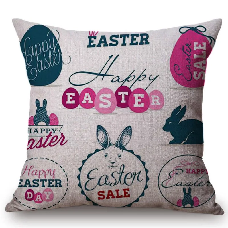 Happy Easter Vintage Style Eggs Rabbit Pattern Chair Cushion Cover Easter Egg Cute Cartoon Sofa Decoration Throw Pillow Case - view 2