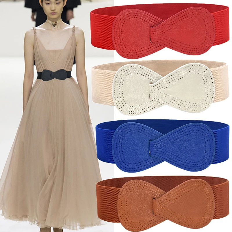 Fashion Red Elastic Waistband Female Waist Belt Lady Bow Waistbands Solid Black White Yellow Wide Belt Faux Leather Corset Belt