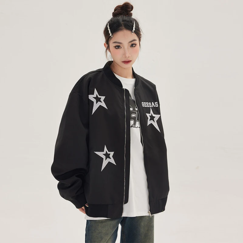 Y2k Dark Brown Bomber for Women, Korean Varsity Streetwear, Oversized Thin Coat, Loose Top, Zipper, Casual, Autumn, 2024