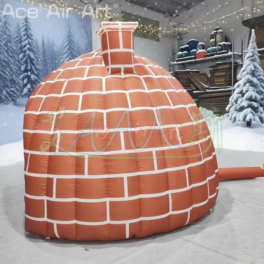 Beau igloo gonflable au mur de briques rouges avec cheminée, tente dôme gonflable d'hiver pour décoration extérieure de noël, Placement de cadeaux