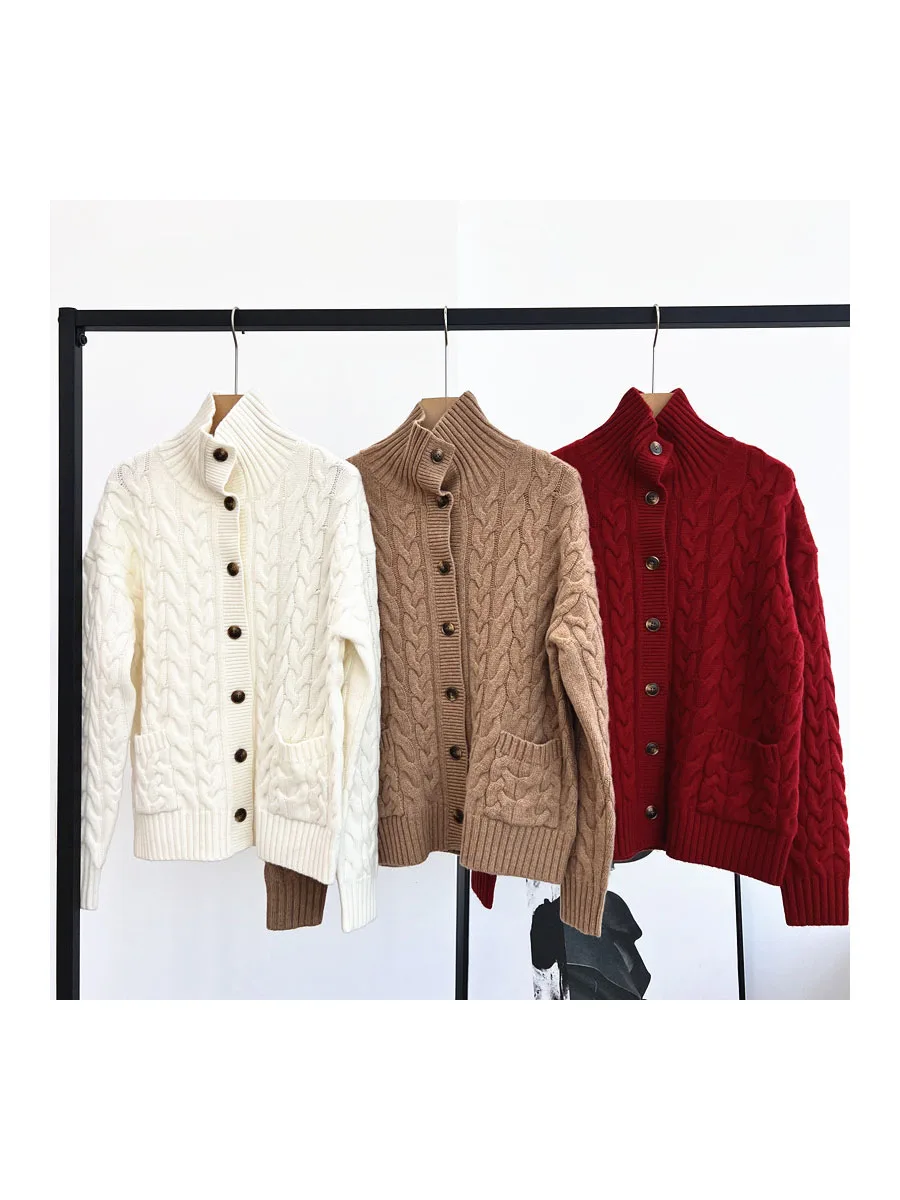 Autumn And Winter Women'S Sweater Cable Cardigan Turtleneck Single-Breasted Long Sleeve Pocket Loose Cashmere Knit Thick Coat