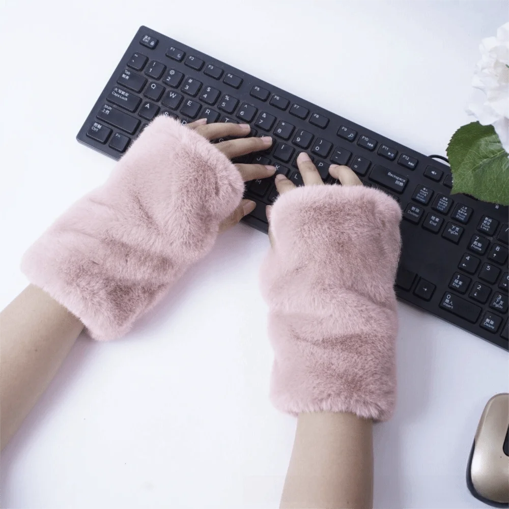 Thickened Fingerless Furry Gloves Elastic Cuff Skin Friendly Faux Fur Hand Warmer Washable Fluffy Texture Half Finger Mittens
