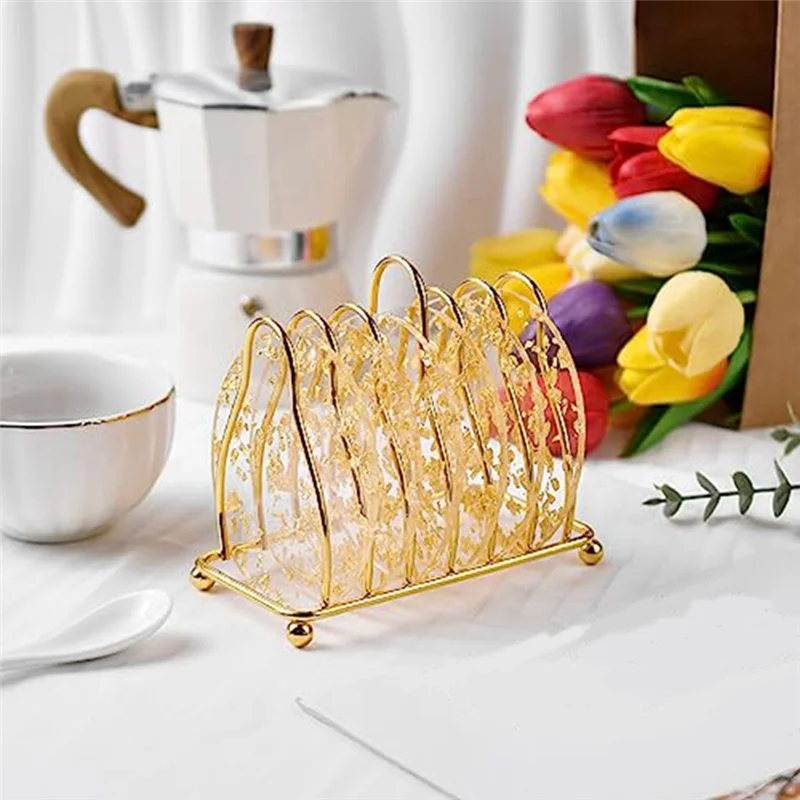 HOT 6 Pcs Gold Foil Acrylic Coasters with Holder,Coaster Set for Tabletop Protection Bar Home Kitchen Decor