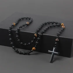 Natural Lava Stone Round Beads Yellow TIger-eye Hematite Cross Pendant Necklace for Men