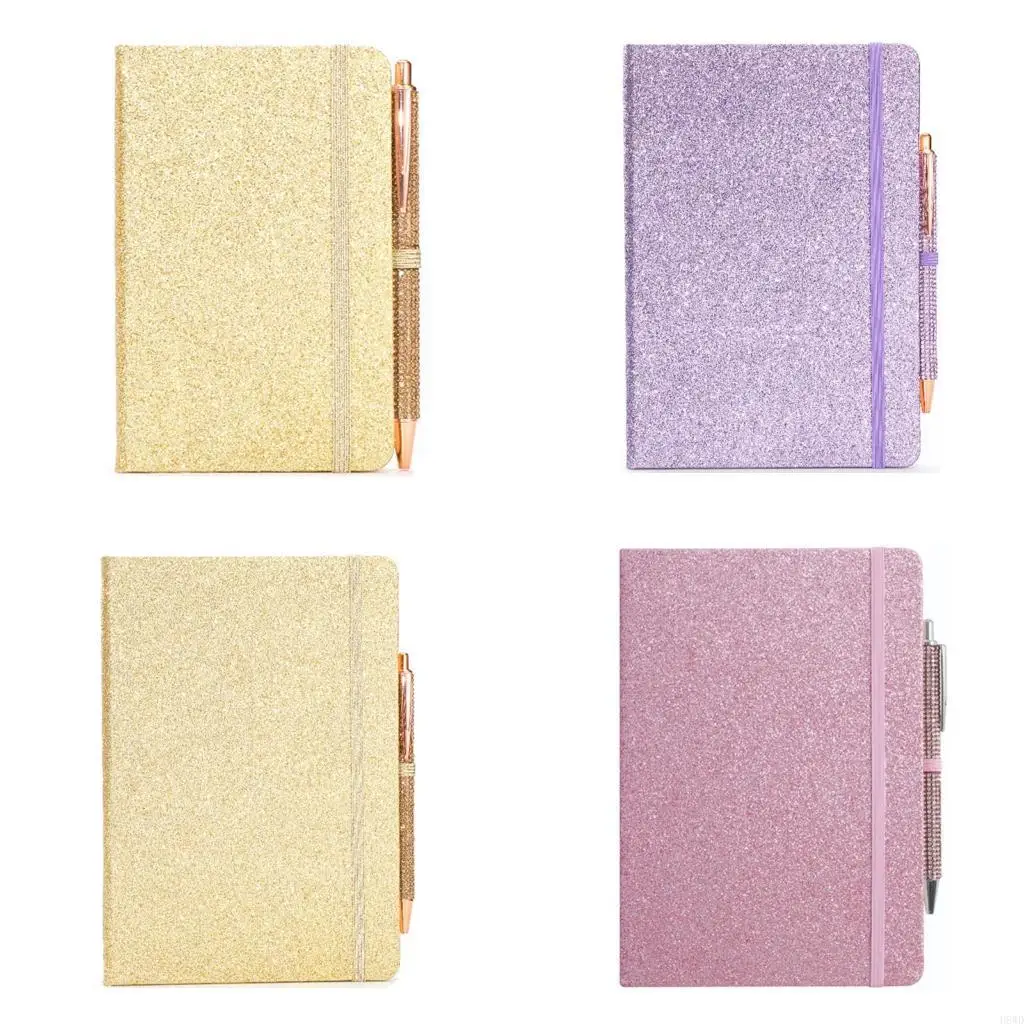 Pen-And-Journal Set with Glitter Cover, Side Loop and Elastic Closure for Work Writing, Study Entries and Journaling H8WD