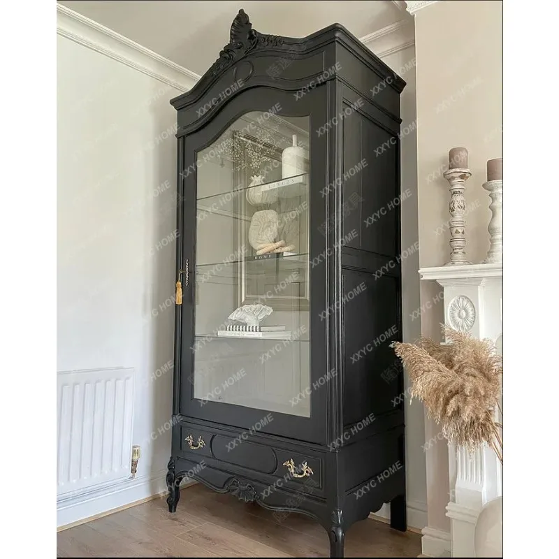 XX Solid Wood Wine Cabinet Carved Storage Classical Luxury Tempered Glass Single Door Customized Home Bar Furniture