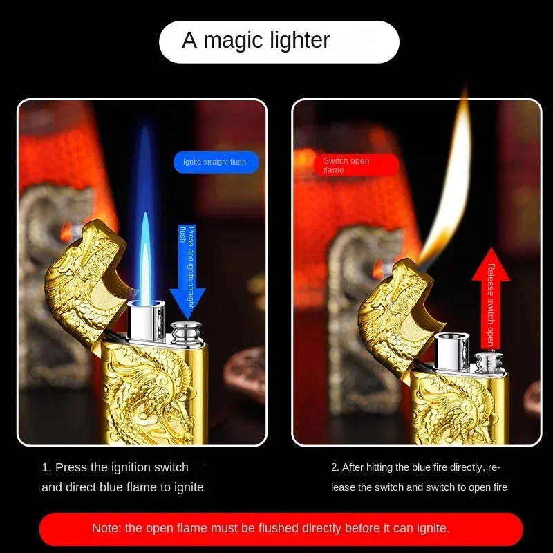 New Double Flame Modified Gas Lighter Metal Three-Dimensional Embossed Dragon Straight Torch Lighter Cigarette Accessories