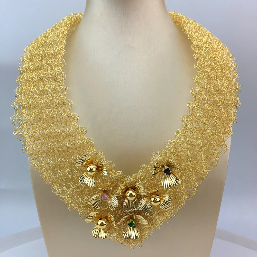 Brazilian Gold Plated Jewelry Set Fashion Handmade Big Flower Necklace Bracelet Earrings Ring Wedding Party Gift FHK18175