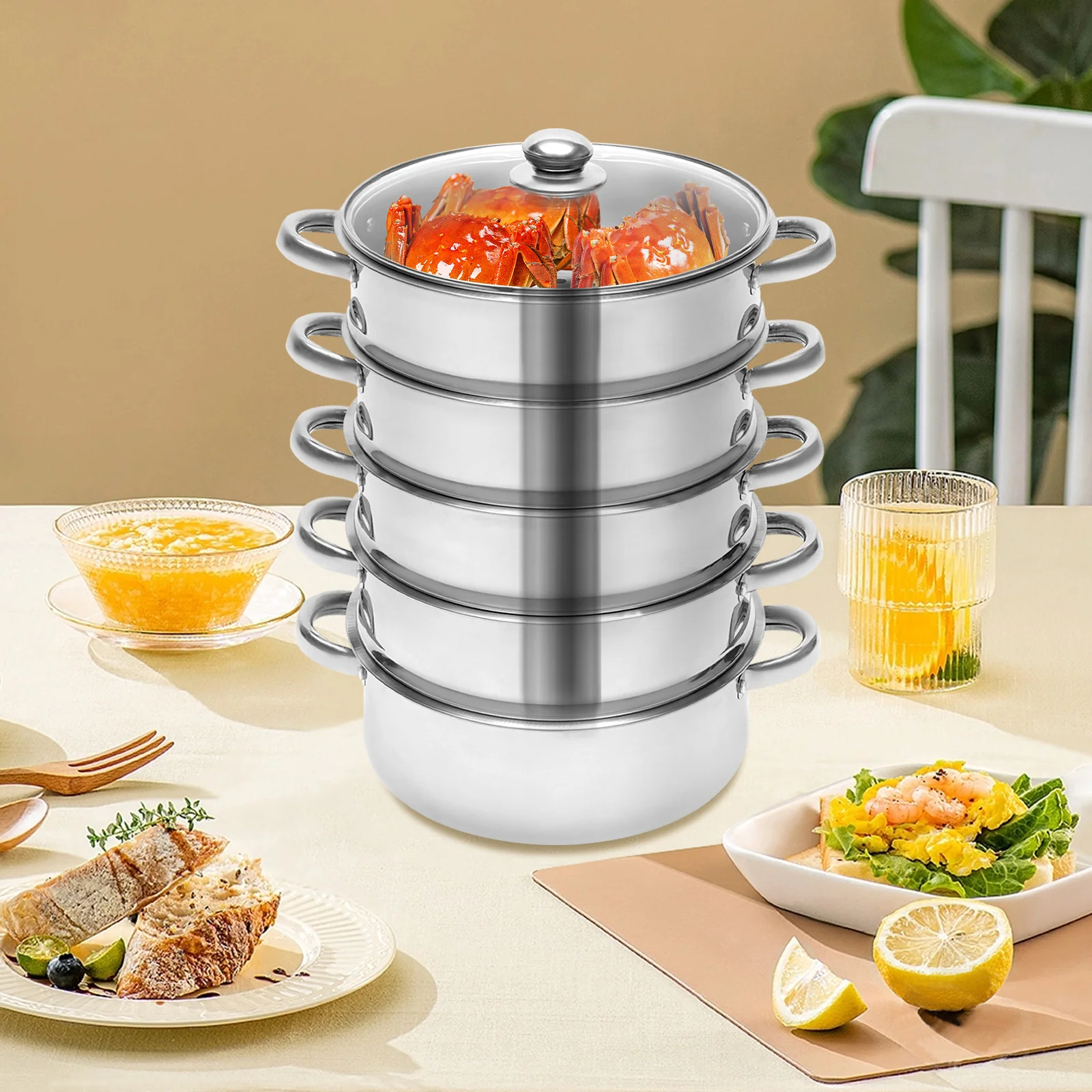 26cm 5 Tier Stainless Steel Large Steaming Cooker Steamer Stainless Steel Food Veg Pot Sets W/Glass Lid