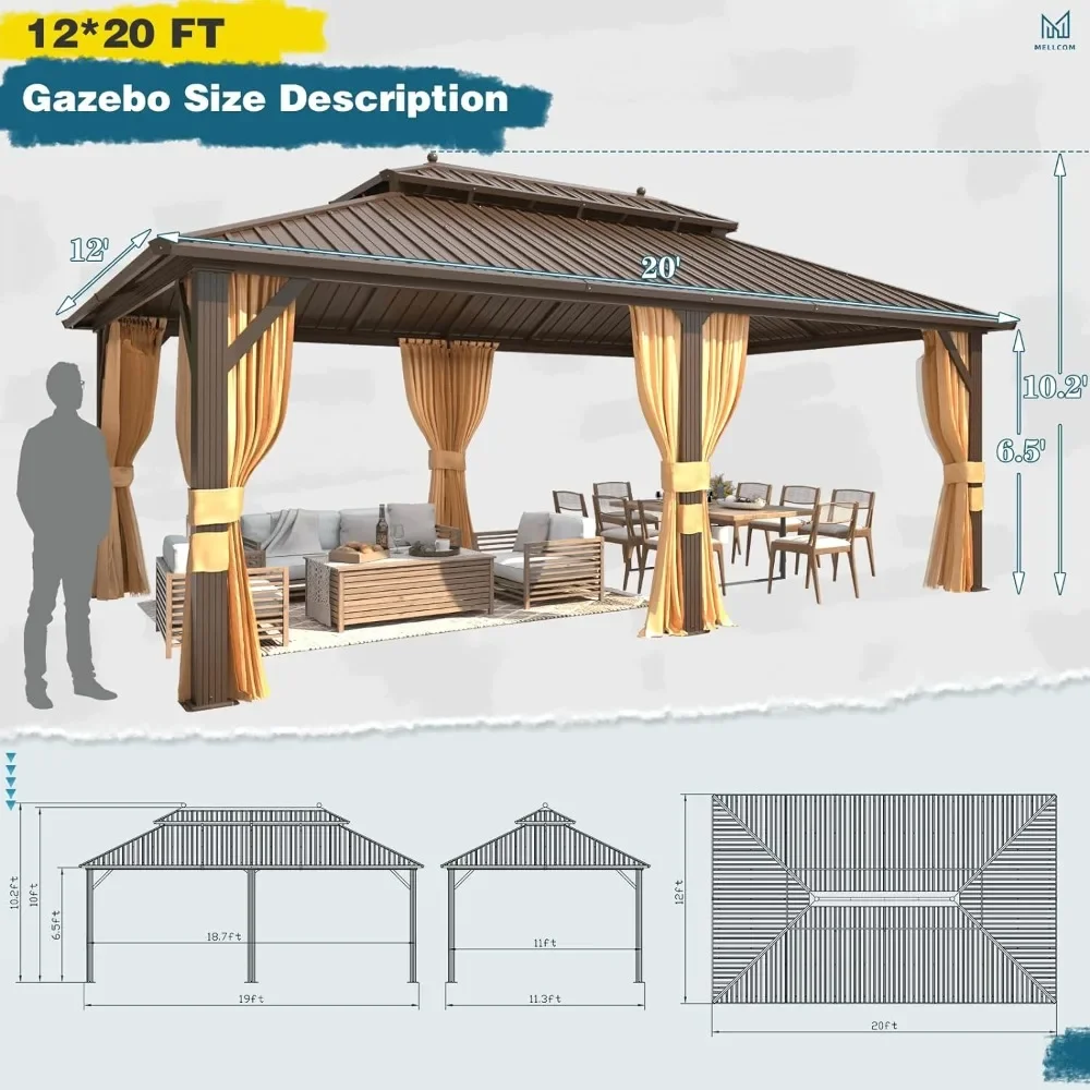 12'x20' Hardtop Gazebo, Galvanized Steel Metal Double Roof Aluminum Gazebo with Curtain and Netting,Pavilion with Aluminum Frame