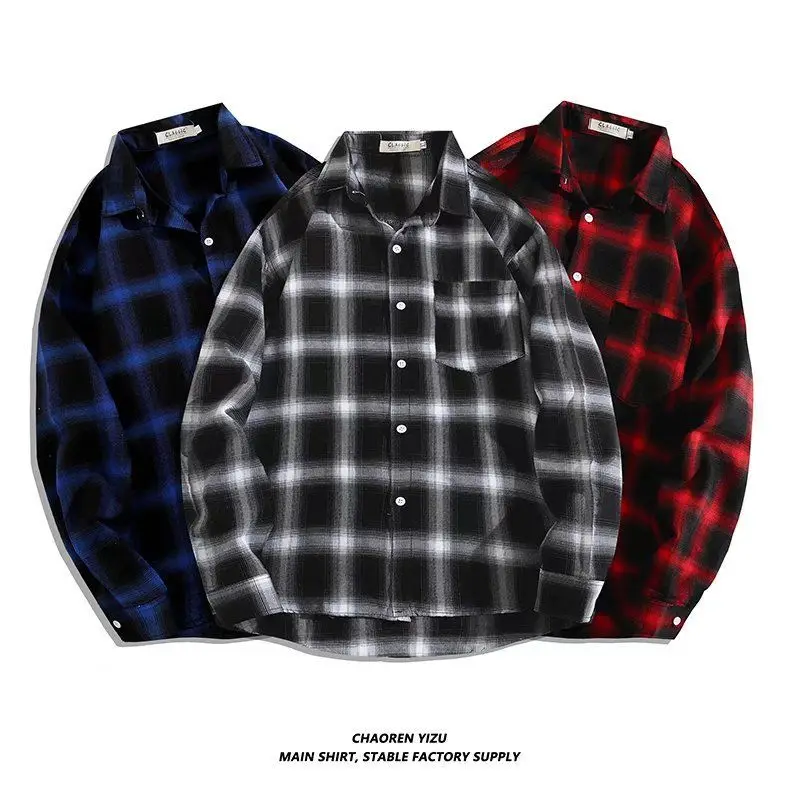 Vintage Plaid Shirts Oversize Basics Long Sleeve Turn-down Collar Pocket Loose Single Breasted Casual Thin Coat