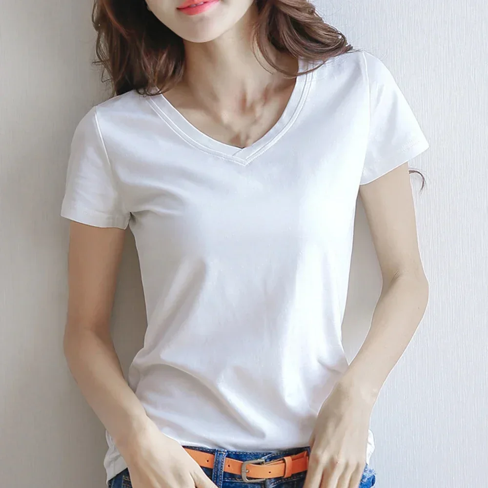 Women's Basic Tees Shirt Solid Color Plain Top Breathable Short Sleeve Round Neck V-Neck Top Fashion Stretch T-Shirt