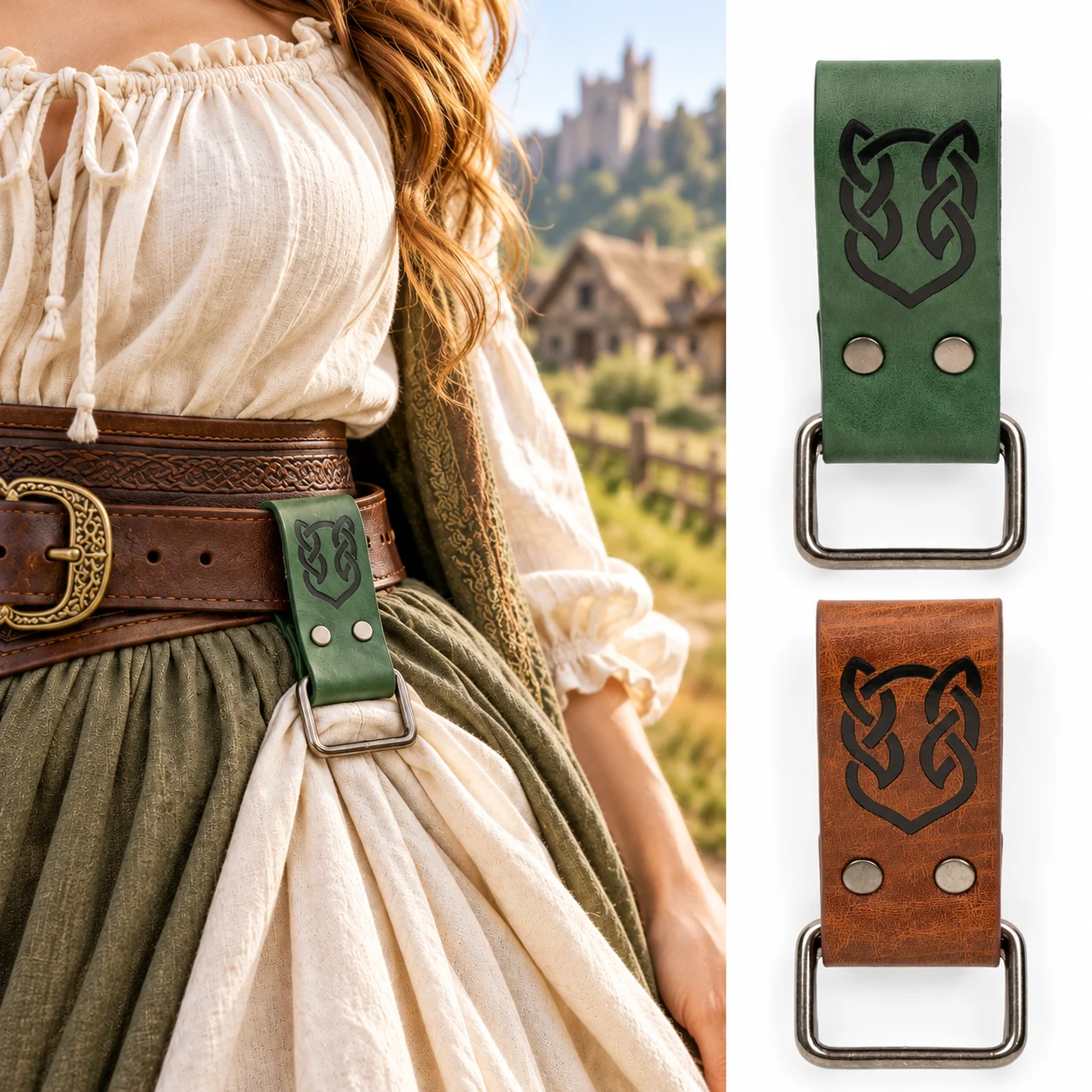 UYEE Belt Halloween Medieval Celtic Wolf Pattern Belt Keeper, Viking PU Leather Costume Accessory for Cosplay Dress Up Belt