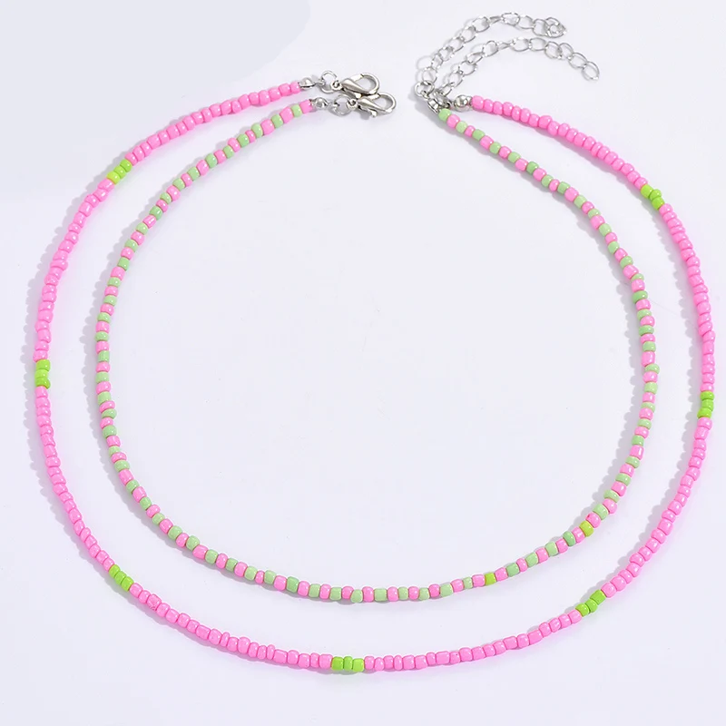 2pcs/set New Bohemian Vintage Pink Green Beads Chain Fashion Necklaces Jewelry For Women Elegant Accessories X0150