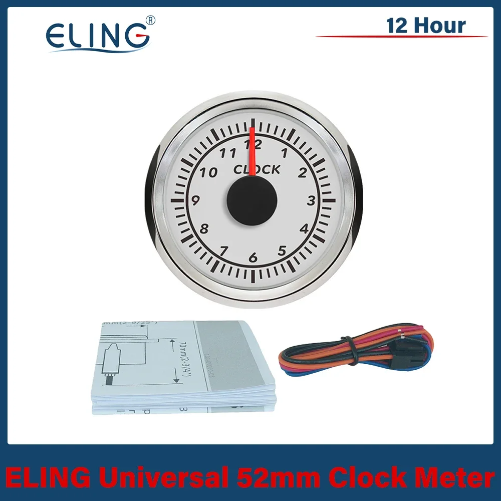 ELING New Universal Waterproof 52mm Clock Meter Gauge 12 Hour Format with Red Backlight 12V 24V for Car Boat Yacht