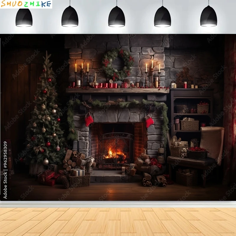 

Christmas Day Fireplace Photography Backdrops Prop illustration Window Living Room Interior Village House Theme Background HK-02
