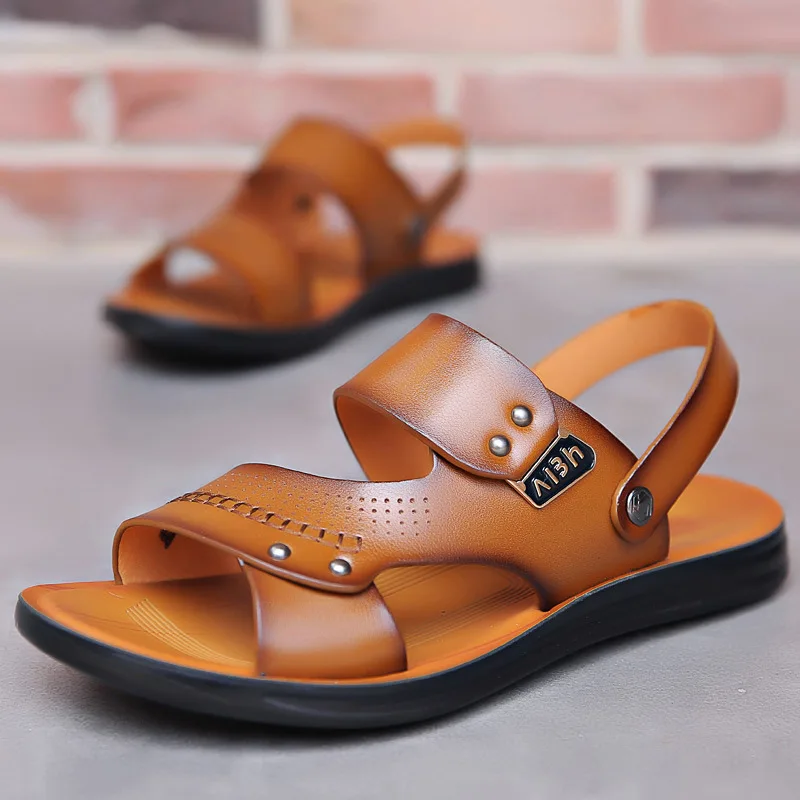 2022 Summer New Fashion Men Shoes Vintage Real Leather Non-slip Beach Slip-On Sandals Travel Flip Flop Slippers Black Brown