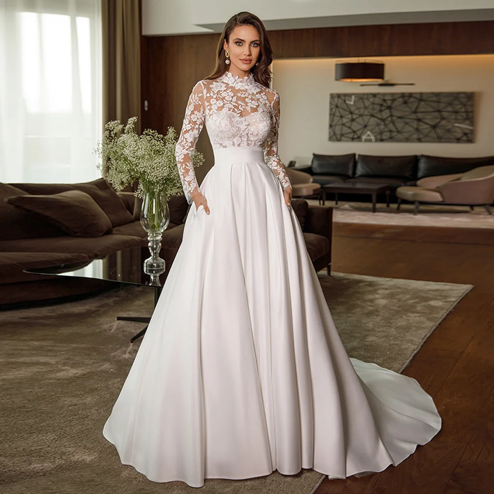 Robes de mariée à col haut personnalisées pour la mariée, appliques à manches longues, train de balayage, ligne A, satin, poche, patients, quoi que ce soit, 2025