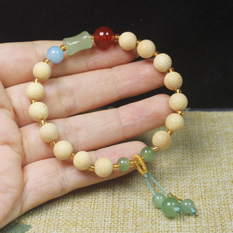 

8mm Golden Bracelet with Green Bamboo , Simple and Elegant Chinese Style, Unisex Buddhist Prayer Beads, Hand Accesso