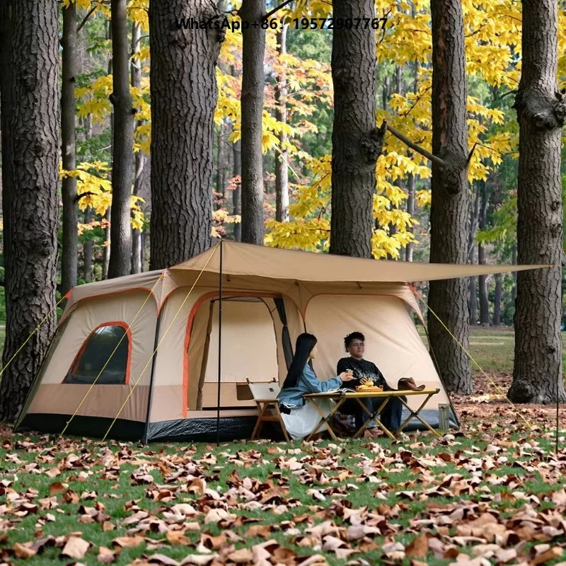 Large Outdoor Camping Double-Door Double-Layer Tent 8-12 Person Waterproof Sunscreen Tent