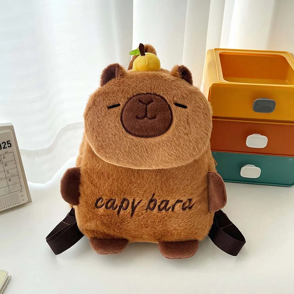 Leuke verdikte capibara pluche rugzak geborduurd lichtgewicht cartoon dier dagrugzak bruin zacht grote capaciteit schooltas meisjes