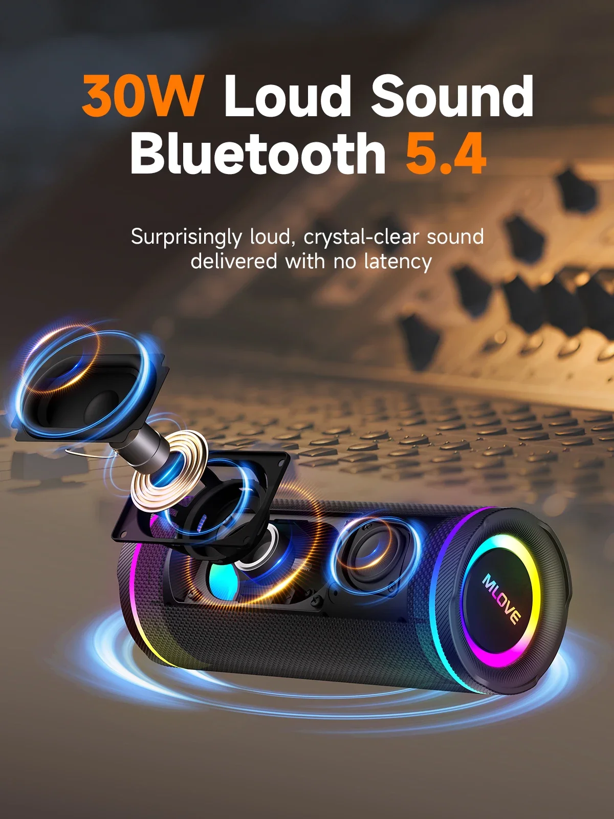 

Портативная Bluetooth-колонка MLOVE One-Touch Bass, Bluetooth 5.4, мощный звук 30 Вт, RGB-подсветка, водонепроницаемость IPX7, подключение TWS