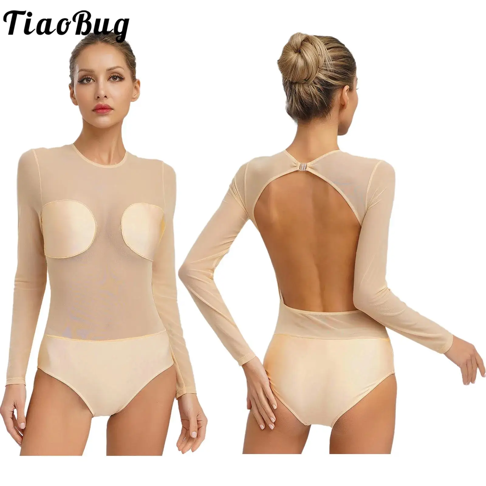 

Women Sheer Mesh Ballet Dance Leotards Long Sleeve Ballet Splicing Leotards Adult Dance Practice Skating Gymnastics Leotard Top