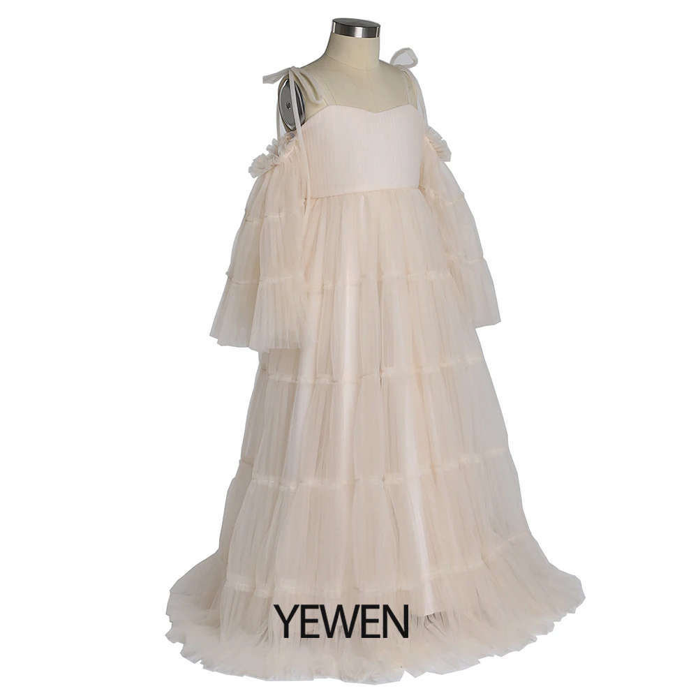 Tulle Pleated Flower Girls Dresses for Weddings Birthday Party Children Photo Shoot Dress YEWEN