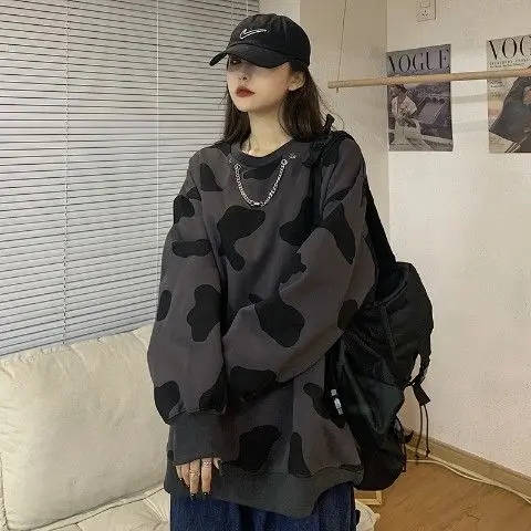 Leite feminino com gola redonda bordado manga comprida suéter, moletom fino solto bonito, moda japonesa, estampa de vaca, coreano