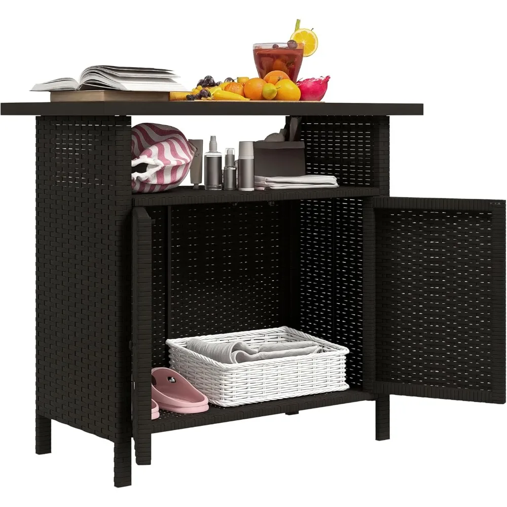

Wicker Outdoor Storage Cabinet, Rattan Outdoor Bar Table with 2 Doors and Shelf, Outdoor Buffet Cabinet Sideboard with Metal Sl