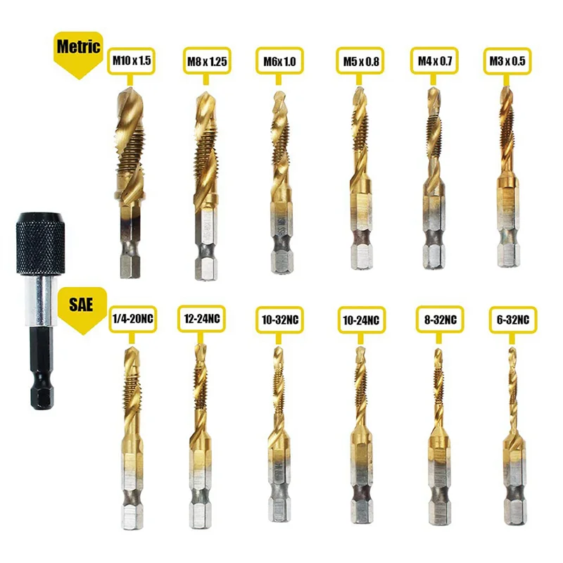 

Titanium Combination Drill Tap Bit Set 52PCS SAE And Metric Tap Bits Kit For Screw Thread Drilling Tapping Deburring-B51B