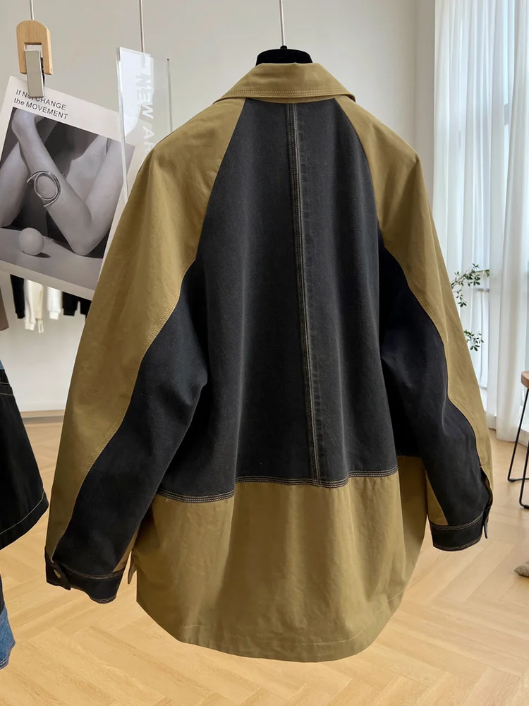 [EWQ] Denim Patchwork Work Jacket Long Sleeved Big Size Outerwear Women Clothing Denim Patchwork Coats 2024 Autumn Line Overcoat