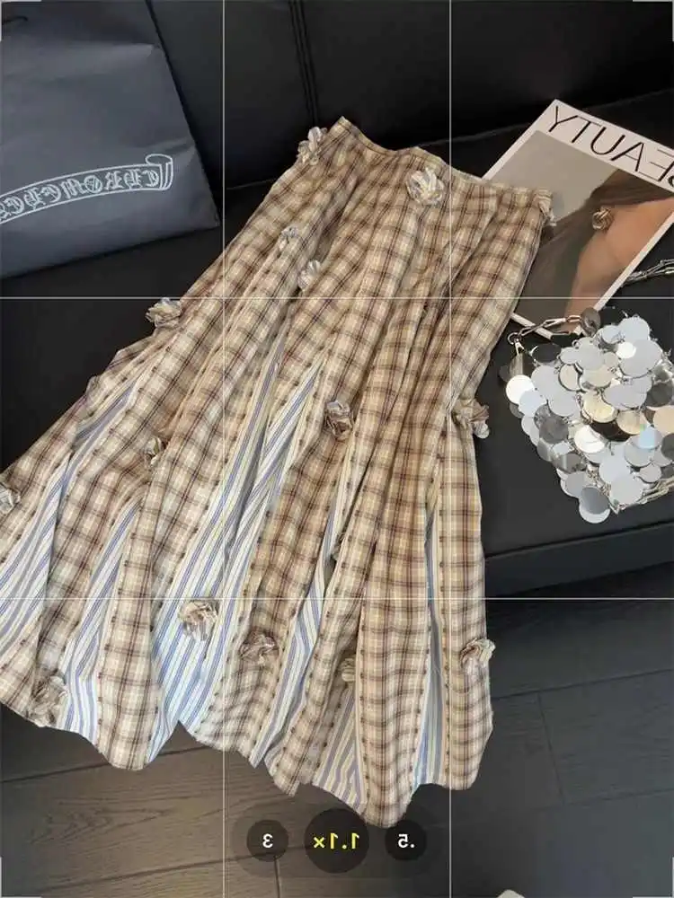 

Women Khaki Plaid A-line Skirt Harajuku Y2k 3D Floral Long Skirts 90s Vintage Summer Mori Girl Skirt 2000s Fashion Clothes 2025